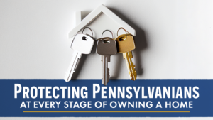 Keys hung on house-like key hook with protecting Pennsylvanians at every stage of owning a home shown underneath
